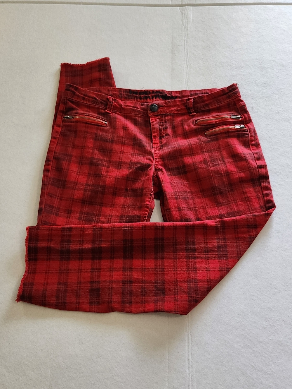 hippie laundry Punk Red Plaid Cropped Ankle Pants with Zip Pockets